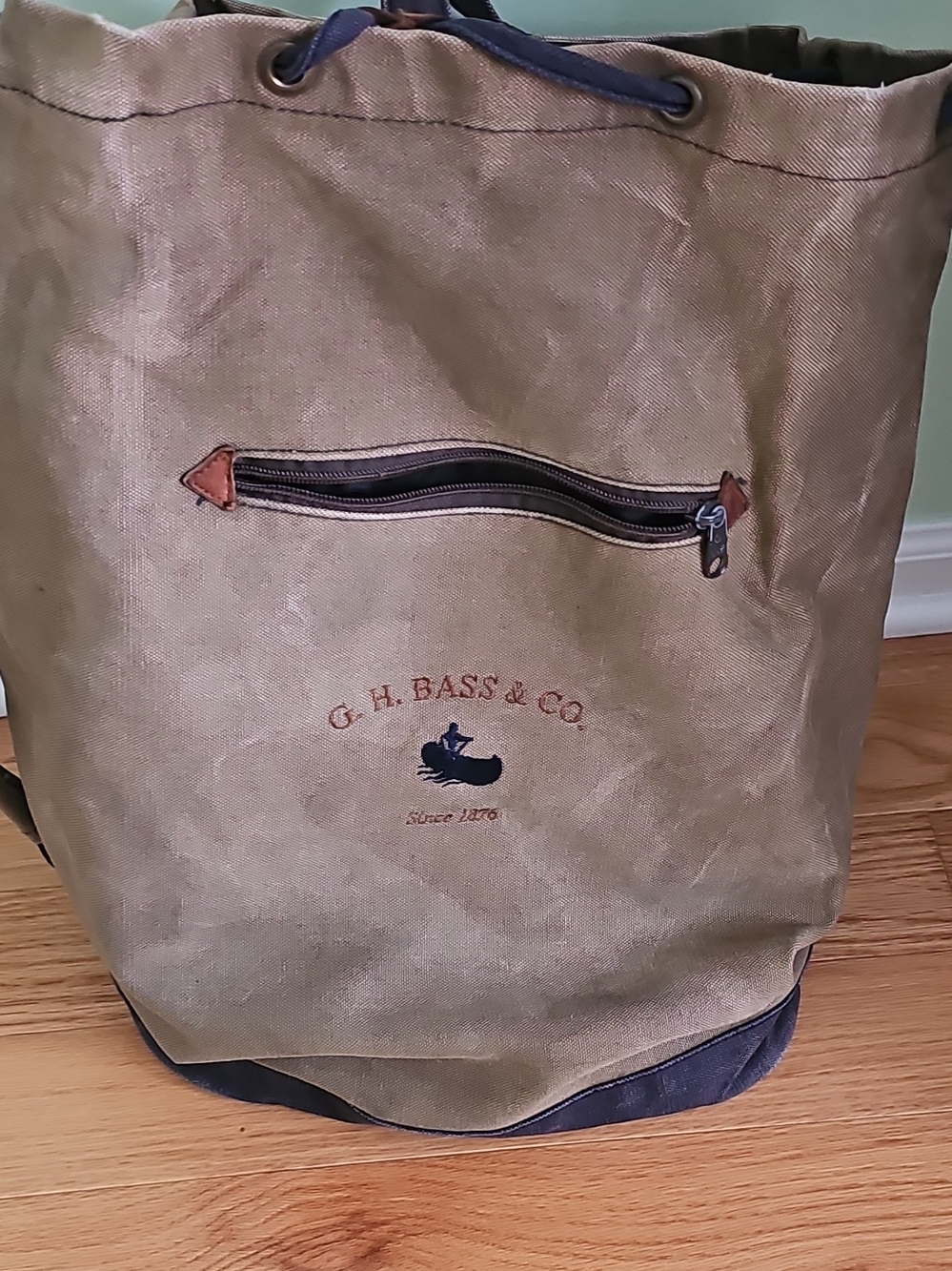 G.H. Bass & Co. Men's Olive Canvas Duffel Backpack with Navy Trim